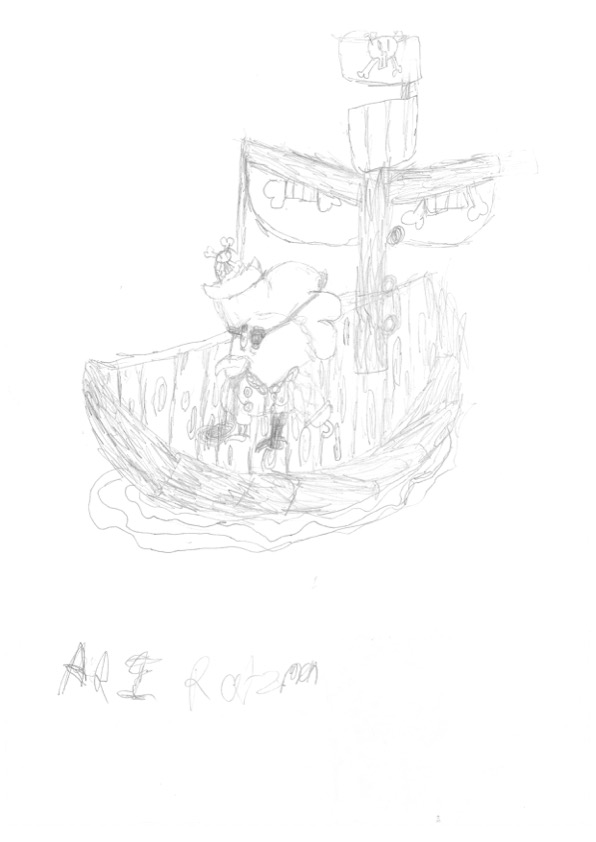 pencil drawing of a pirate ship with roosters